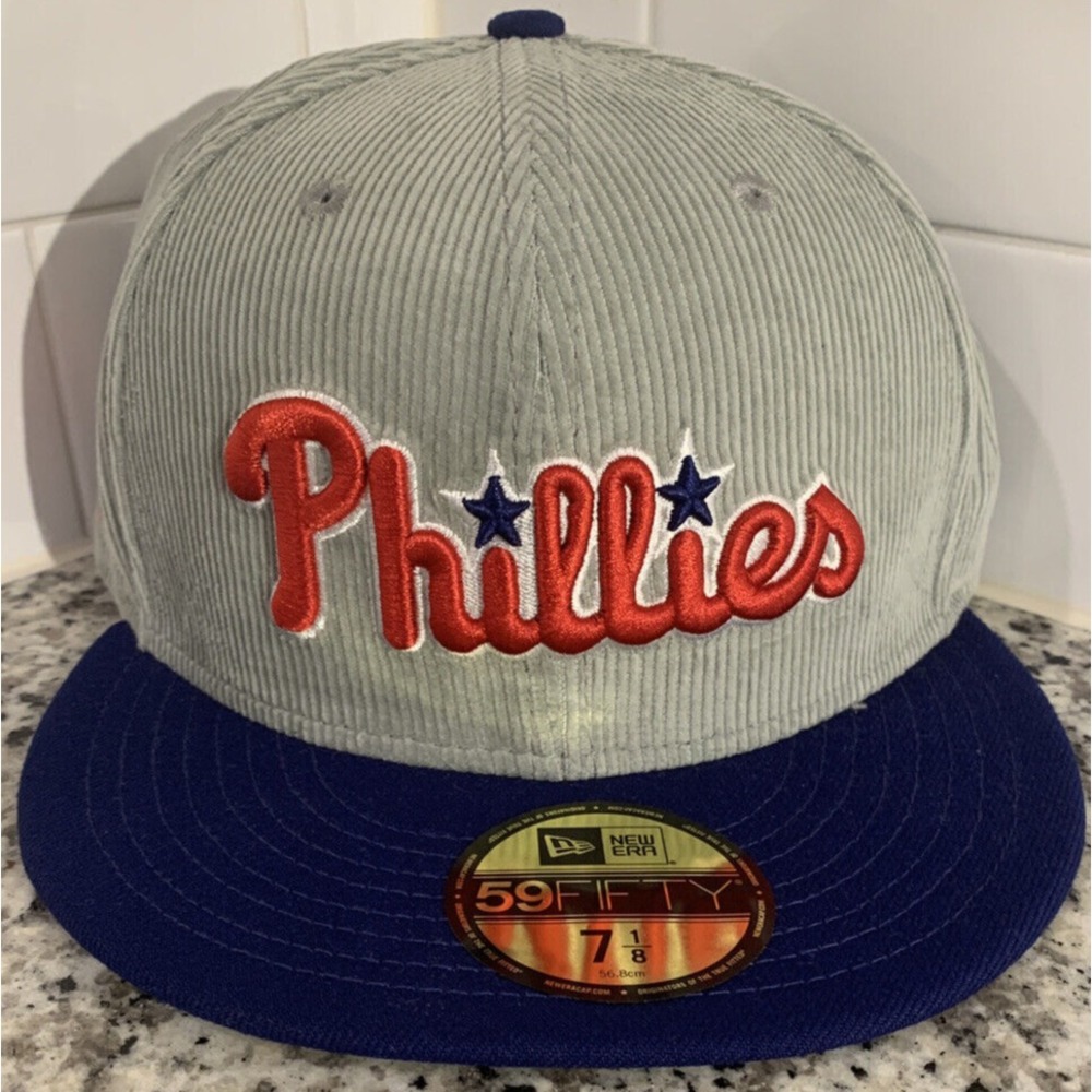 New Era Philadelphia Phillies 59FIFTY MLB Grey Corduroy Fitted Hat Size 7 1/4
